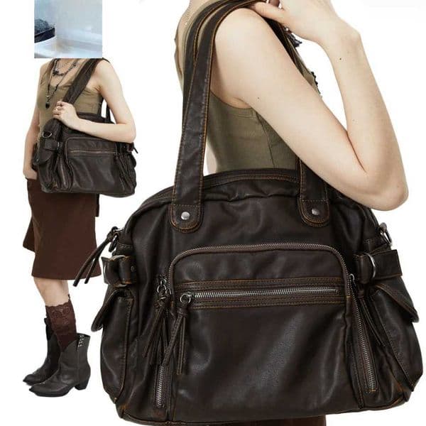 Retro tote bag motorcycle bag soft PU leather large capacity shoulder bag Y2K punk multi pocket crossbody bagW251101