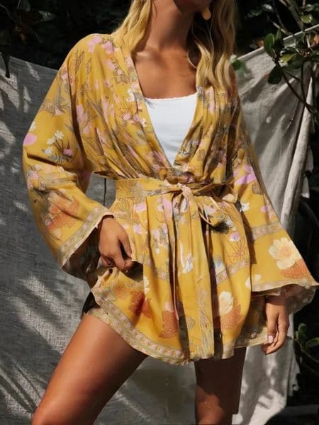 Happy Queens Floral Printed Belt Bat Sleeves Beach Bohemian Kimono Dress Vneck Summer Bikini Cover 250327BANJIA