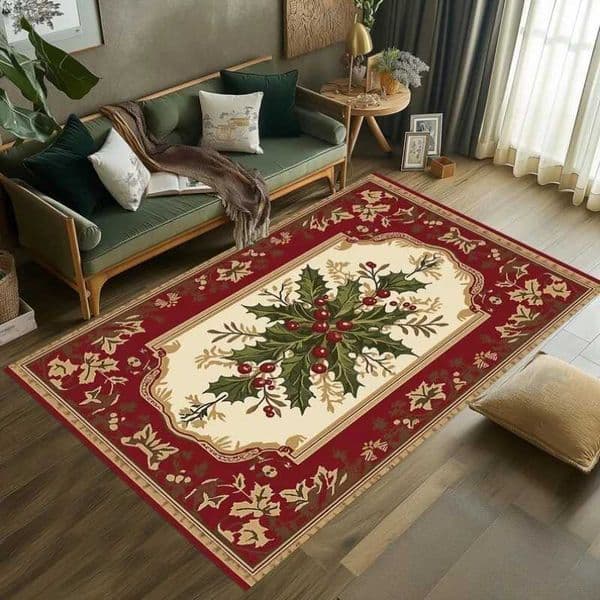 Vintage Christmas Rug with Santa Sleigh and Reindeer Red Holiday Carpet Festive Xmas Tree Print Mat for Living Room Decor X251101