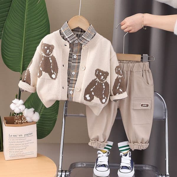 Spring Autumn Baby Clothes Children Boys Casual Knitted Cardigan Coat T-shirt Pants 3Pcs/Set Toddler Costume Infant Clothing Kids Tracksuit S260428