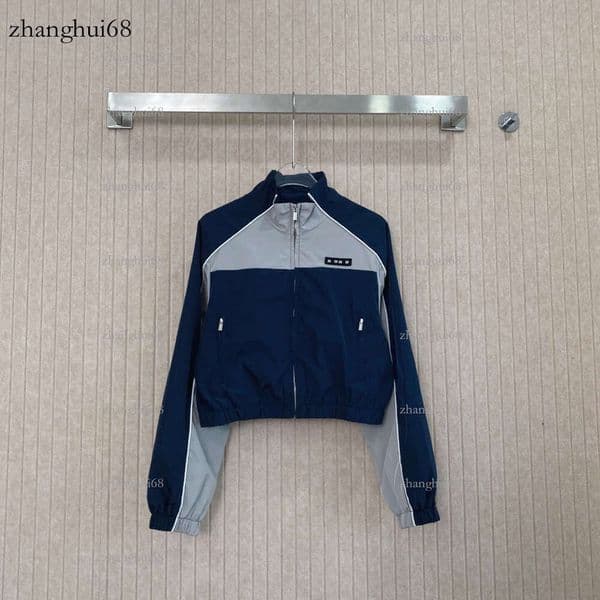 Women's Casual Color-Block Short Jacket Navy Gray Khaki Gray Two-Tone Brand Logo Design Spring Autumn Stand Collar Zipper Loose Slimming Coat