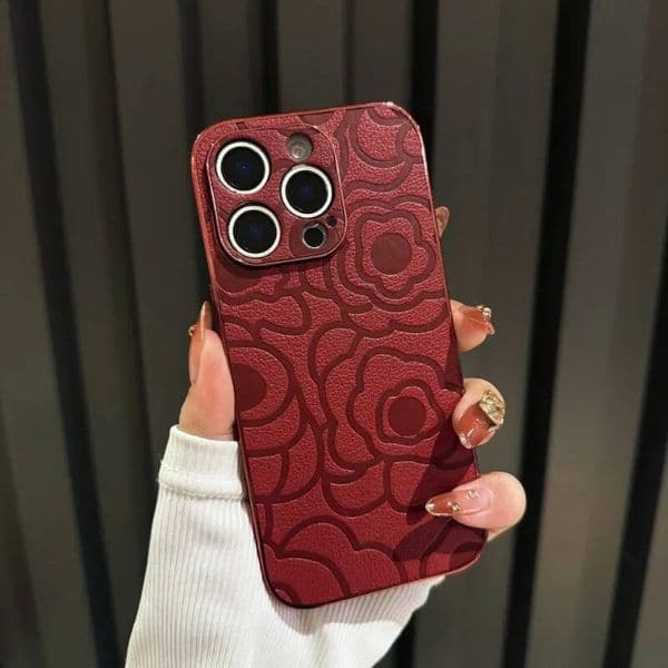 Camellia Embossed Leather Plating Phone Case For iPhone 14 15 16 Plus 11 12 13 Pro Max Bumper Shockproof Protective PU Shell
