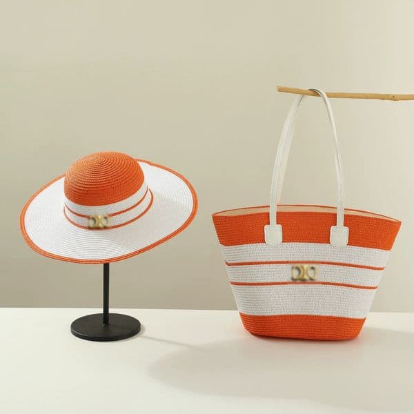 Women's Sun Hat & Boho Woven Bag Combo UV Protection, Lightweight Natural Raffia, Retro Alloy Brand Brooch Beach Swim Shopping Outfit