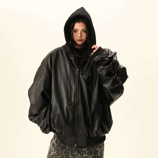 Fake Two-Piece Short Motorcycle Leather For Men, American Retro Style, Couple's Hooded Patchwork Casual Loose Jacket B5