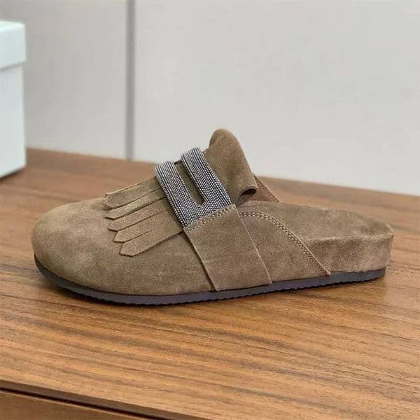New Casual Cow Suede String Bead Slides Woman Round Toe Flat Fringe Outdoors Slippers Mules Shoes Women