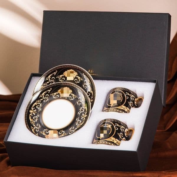 Retro Medusa Design Coffee & Tea Cup Set - Pair of Bone China Cups with Matching Saucers