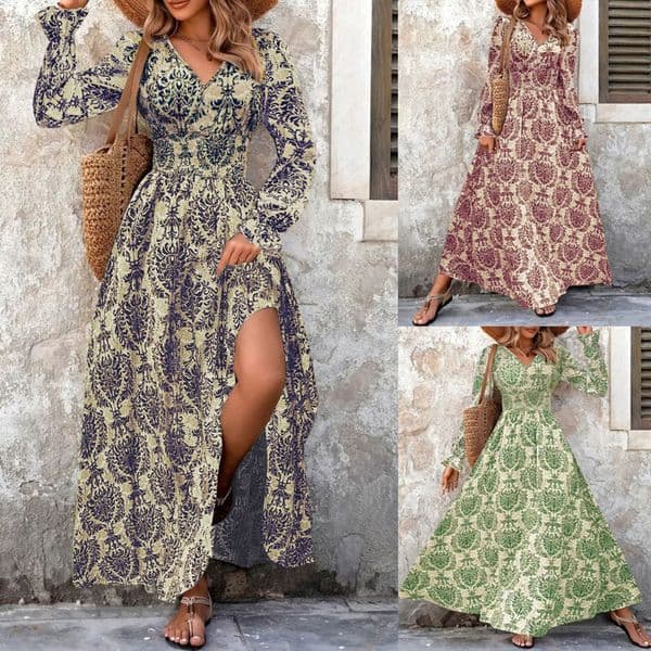 Designer's autumn and winter new retro printed jumpsuit with long skirt temperament, V-neck long sleeved dress, women's clothing