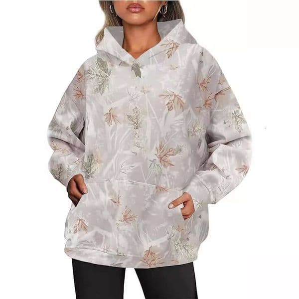Autumn women's camouflage maple leaf print, oversized sports hoodie with pockets, 2025 new casual fashion trend clothing