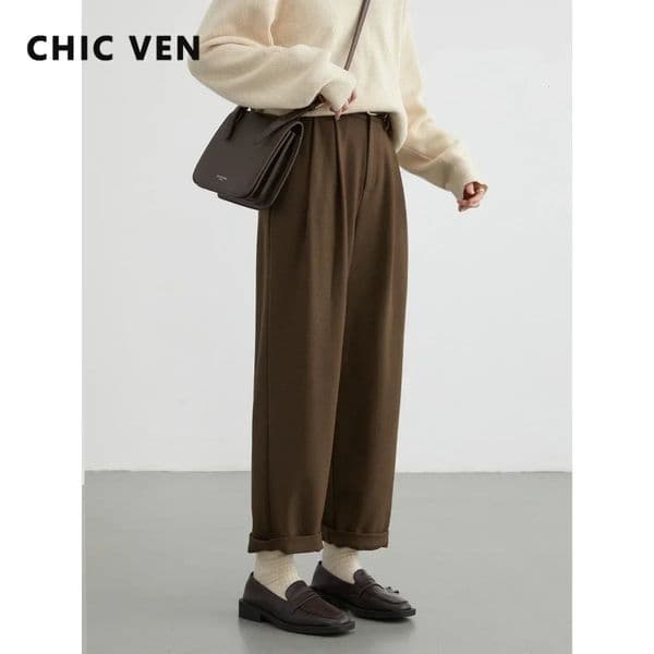 CHIC VEN Korean Womens Pant Solid High Waist Pleated Casual Trousers Office Lady Suit Pants Autumn Winter 2023 251030BANJIA