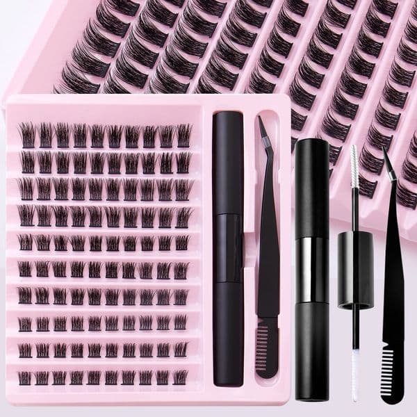 100 Clusters DIY Cluster Lashes 10-14mm Handmade Reusable Thick Fluffy Grafted Lashes D Curled Crisscross Individual Eyelashes with Adhesive Tweezer