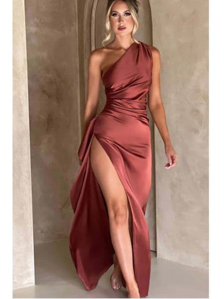 Fashionable summer womens one shoulder pleated satin dress sexy slim fit elegant party long dress 250328BJ