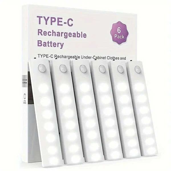 Cabinet bottom light with 6 packs of motion sensors indoor LED USB-C rechargeable battery operation stick light for kitchen use at night X250402