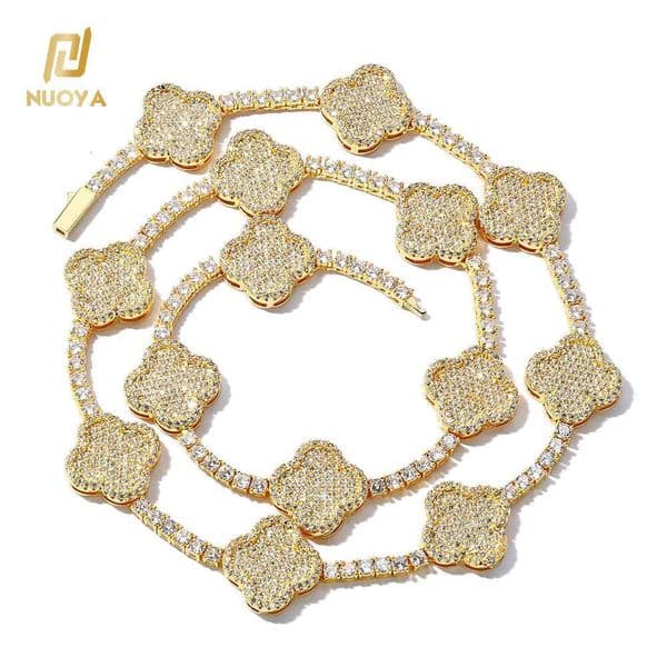 Hip Hop Fine Jewelry Four-Leaf Clover Tennis Necklace Women 18K Gold Plated 3a Moissanite Iced Out Bling Diamond Chain