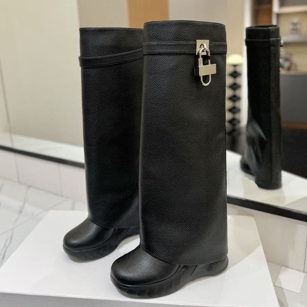 10a Quality Fashion Luxury brand lock Ankle Boots Designer shoe Woman knee high Genuine Leather Suede Heel Wedge Mid-Calf Boot dess party wedding lady long booties