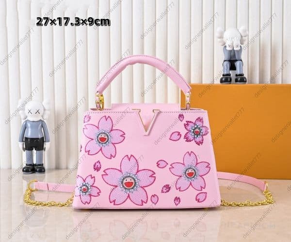 womens designer bag murakami pink cherry blossom flower chain leather shoulder bags capuciness shopping tote bags women handbag purse M59939 high quality
