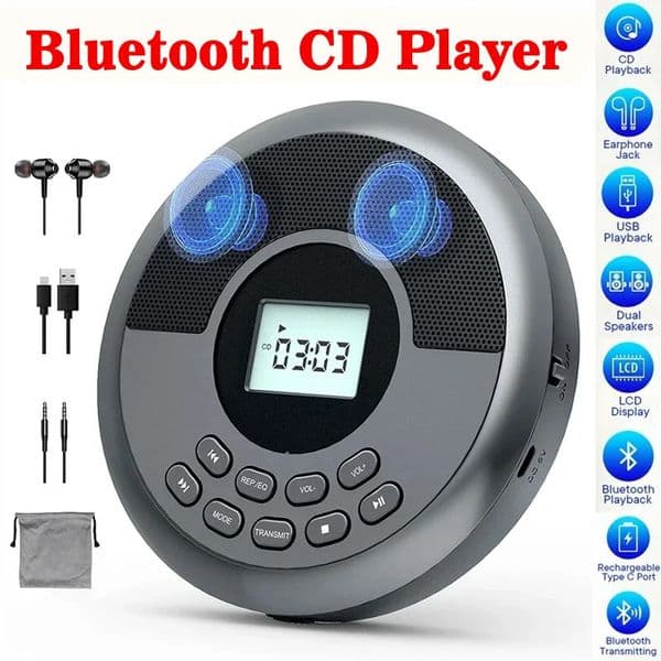 CD Player Bluetooth with Ser Stereo and Headphones Rechargeable Discman Walkman USB MP3 Music U Disk Album Players 251024