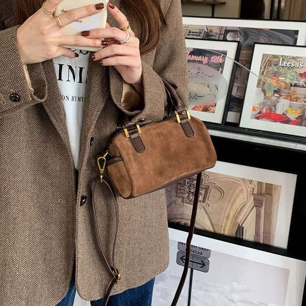 2025 NEW Korean Autumn and Winter New Suede Versatile One Shoulder Oblique Cross Small Pillow Boston Handheld Women's Bag Trend