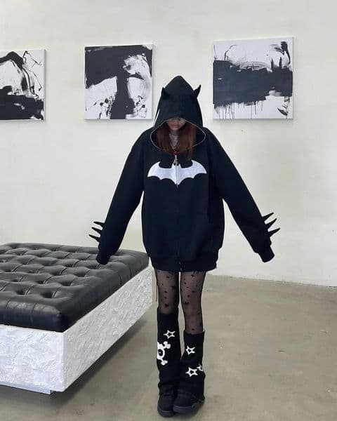 Black bat print hoodie cardigan full chain loose fit mens and womens fashion jacket 250322
