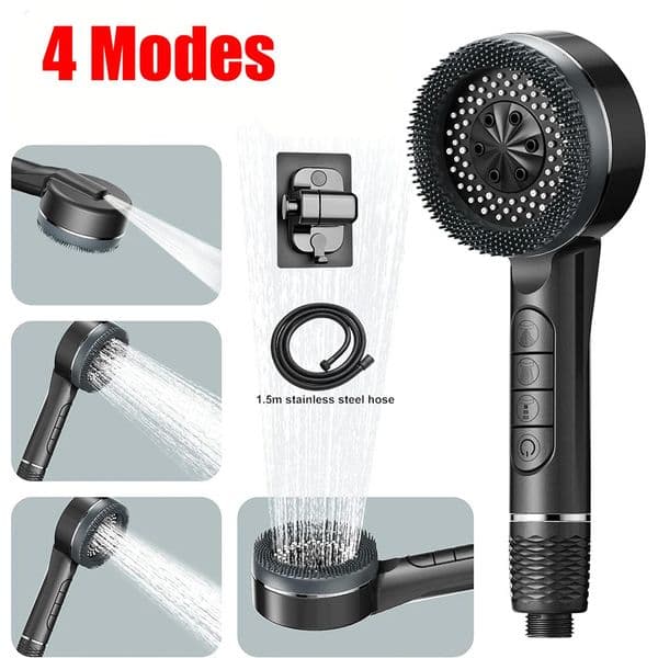 4 Modes Selfcleaning Shower Head with Silicone Brush OneKey Stop Water Massage High Pressure ABS Showerhead Filter 251028
