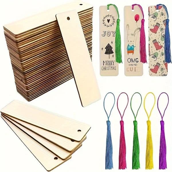 50 pieces of wooden blank bookmarks DIY craft laser cutting pendants square labels tassel color random 250322