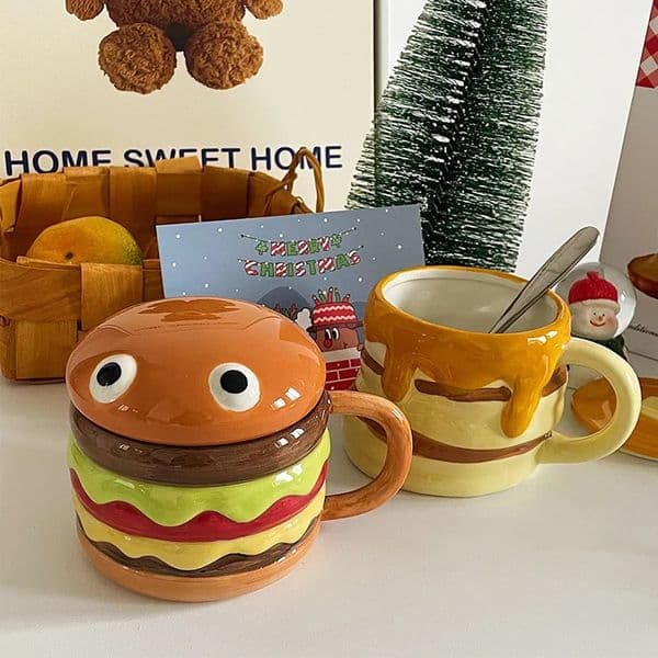 300ML Coffee Mugs Creative Hamburger Shaped Water Cup with Lid Cute and Breakfast Large Capacity Ceramic Mug 251031BJ