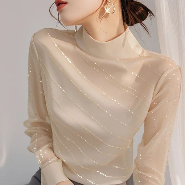 Autumn and Winter Half High Collar Long Sleeve Solid Bottom Shirt Womens Clothing Shining Korean Full Match Fashion Top 250328BJ