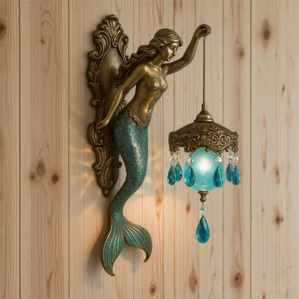 Vintage Mermaid Wall Lamp Artistic Home Office Living Room Bedroom Virgin Mary Resin Statue Sconce Decorative Night Light 251028BJ