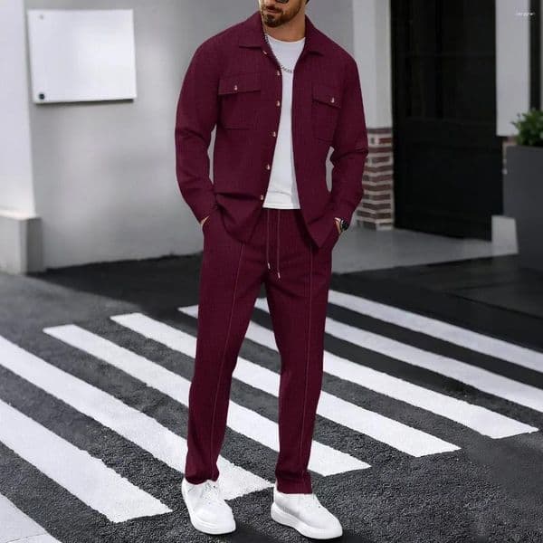 Men's Tracksuits Workwear Style Long Sleeve Double Pocket Solid Color Two Piece Set Shirt And Cardigan Combo For Men Chinese Brand AE Stock