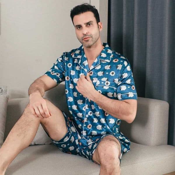 Y251103 Mens Summer Pajamas Short Sleeve Ice Silk Set - Lightweight Casual Homewear Cardigan