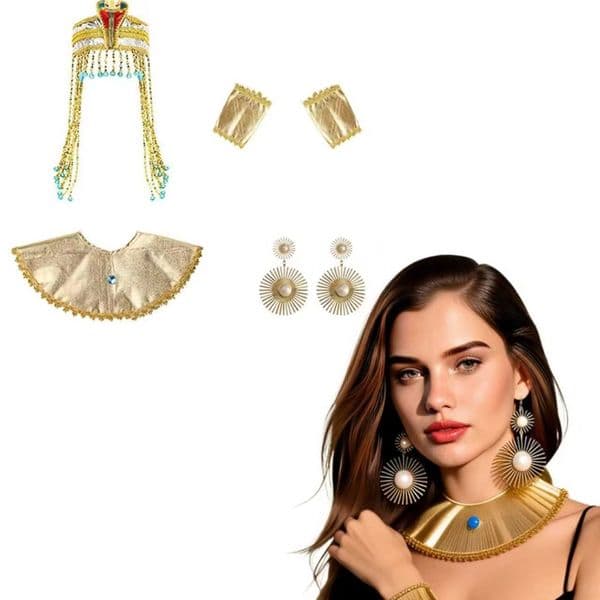 Four pieces of Cleopatra costumes for the Holy Day, including a woven wig of the Egyptian queen's heist, an Egyptian shawl, bracelets and golden earrings