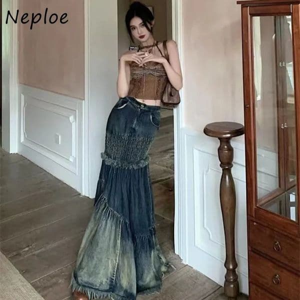Neploe Retro Tie Dye Denim Womens High Waist Tassel A-line Faldas Mujer Fashionable Sexy Slim Suitable for Fishtail Long Skirts 250402