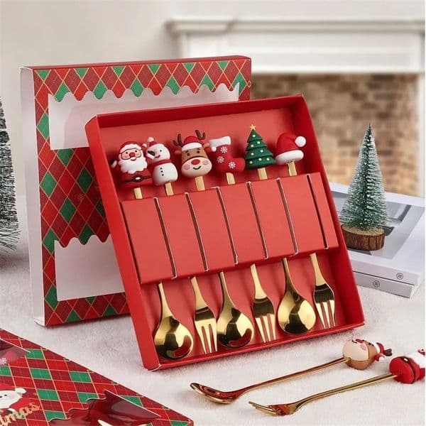 2pc Christmas Spoon and Fork Set Stainless Steel Creative Tableware Coffee Tea Dessert Spoon and Fork Exquisite Gift Set 251015ww