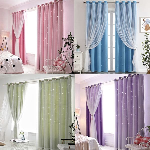 150X250cm Blackout Curtain Double Layers Romantic Sheer Kids Children Girls Curtains With Hollow Out Stars For Living Room Bedroom Windows Drapes 1Panel