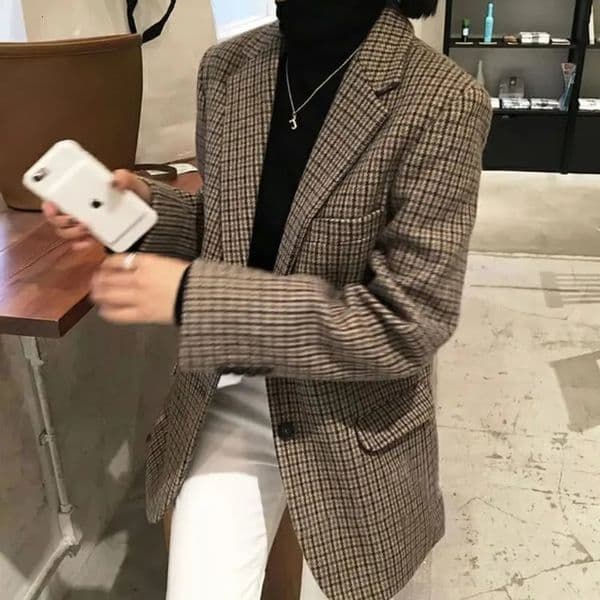 Retro Plaid Wool Suit Jacket Women Clothes Spring Autumn Large Size Blazer Womens Fat Mm Slim In Coat 251103