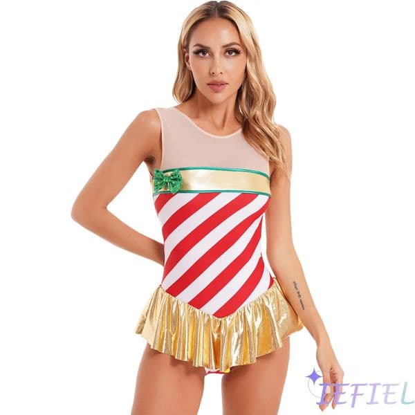Womens Christmas Ballet Dance Costume Sleeveless Mesh Patchwork Candy Cane Dress Skating Leotard Dresses for Xmas Holiday Party 251103