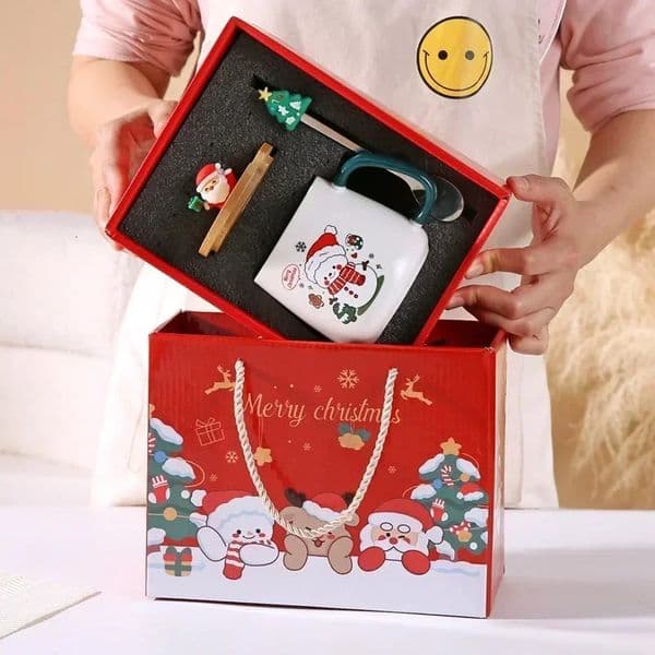 Festive Christmas Xmas Theme Ceramic Mug Cup Set with Lid And Spoon Gift Box for Coffee Milk Tea Breakfast 251031