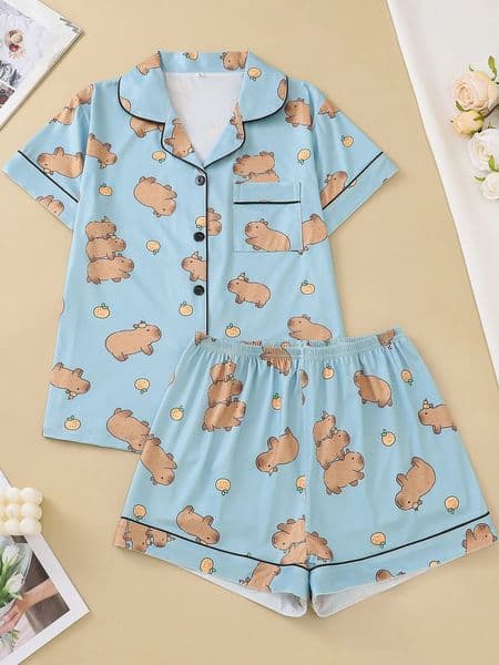 Blue background cute capybara cardigan womens pajamas set short sleeved top and loose pants comfortable womens pajamas 250403
