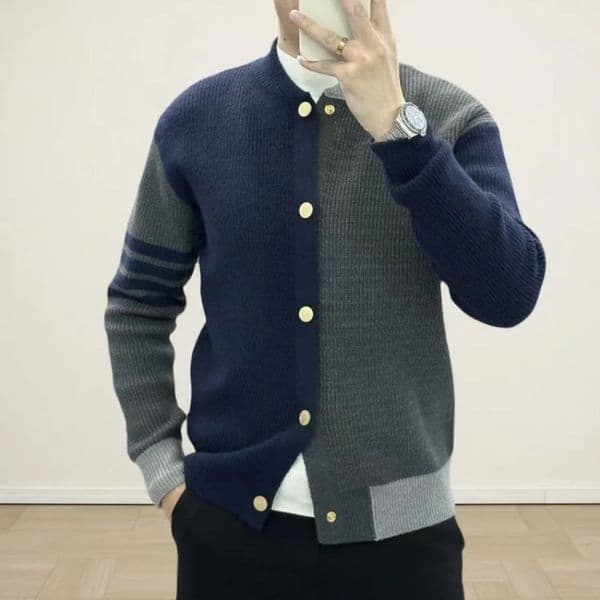 Mens 2025 Autumn Winter Knit Cardigan Grey Blue Color Block White Gray M3XL Gold Button n in Season Ready Stock 251017