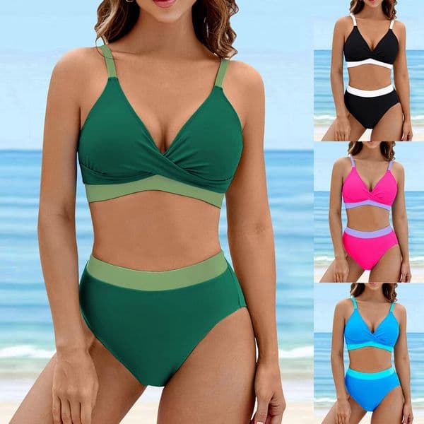 New bikini split swimsuit for women, fashionable and sexy V-neck, high waist, slimming, contrasting color swimsuit, hot selling