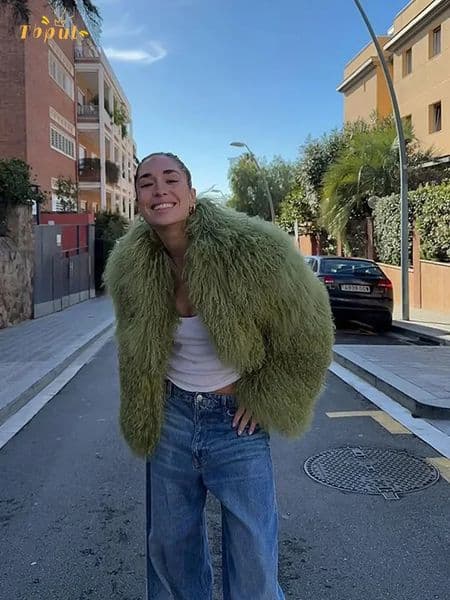 Green Faux Fur Women Casual Jacket Chic Lapel Long Sleeve Loose Warm Winter Coat Lady Daily Fashion Street Outerwear 251103