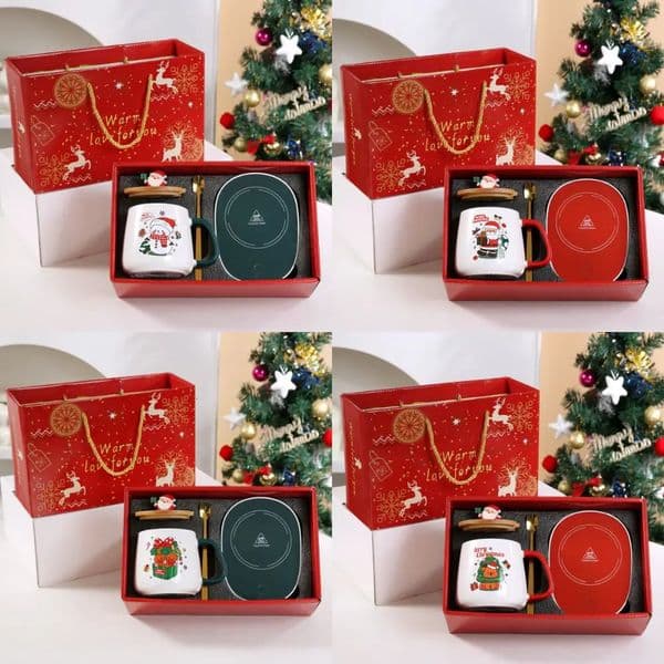 55 Merry Christmas Gifts Kit Wooden Lid Santa Claus Pattern Ceramic Mug Snowman Warm Teaspoon for Office Home Use 251031