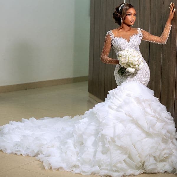 2025 Plus Size Mermaid Wedding Dress For Bride Long Sleeves Tiered Sheer Neck Illusion Long Sleeves Beaded Lace Tiered Tulle Wedding Gowns For Black Women D493