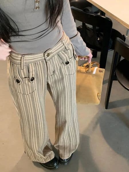 Y2K Vintage Jeans Women Old Money Low Rise Skinny Striped Denim Pants Retro Korean Chic Fashion 251103
