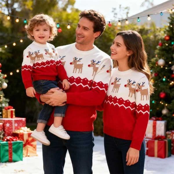 Christmas Family Sweaters 2025 New Father Mother Kids Clothing Xmas Parent-Child Matching Pollover Cartoon Knitted Jumper Y251104
