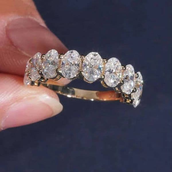 VOAINO Oval Cut Synthetic Lab Grown Diamond Half Eternity Luxury Wide Band Half Eternity Bridal Gold Ring Set for Wedding Party