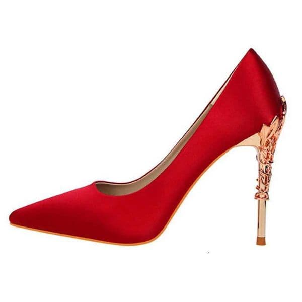 2025 10cm New Elegant Metal Carved Heel Women Pumps Solid Silk Pointed Toe Shallow Fashion High Heels Female Wedding Dress Shoes W251104