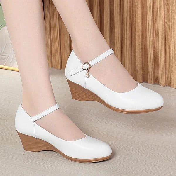 3cm 5cm Comfortable Breathable Ankle Buckle Wedges Shoes Women Pumps 2025 Fall Soft Leather Med Heels White Shoes Office Mom 251103