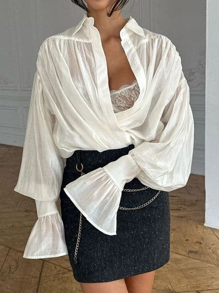 Tossy Casual Loose See-Through Shirts Womens Autumn Lapel Long Sleeve Patchwork Blouse Top Streetwear Female Solid Shirts Top 250401