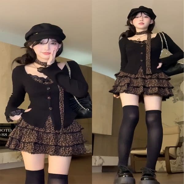 plus Size Sexy Pure Desire Autumn Long Sve Sa Top Leopard Print Skirt Two Piece Set High Waist ALine Korean Sle 251104