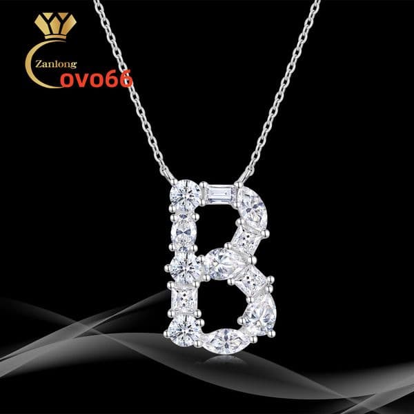 Letter B Moissanite Pendant Chain Round Brilliant Cut VVS1 Moissanite Necklace Letter Design Square Moissanite Necklace